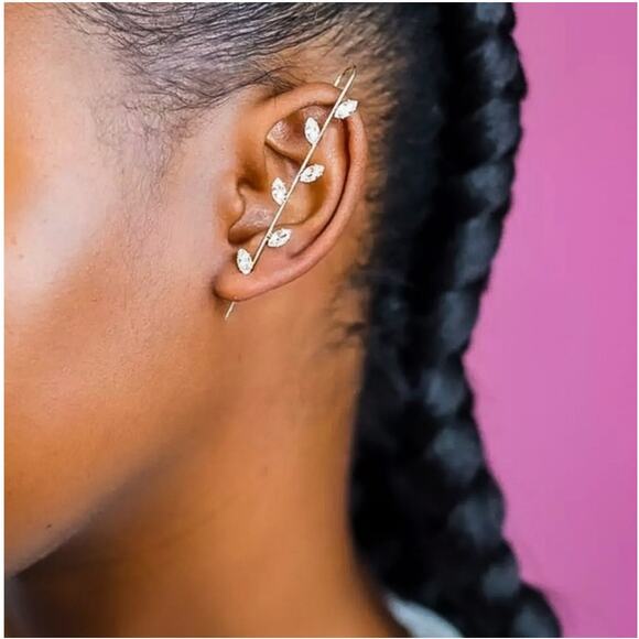 Ear Cuff Rhinestone Leaf Design Earrings Gold Tone Festival - Picture 3 of 5